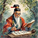 Digital illustration of an elderly Chinese scholar with a long white beard and glasses, wearing a traditional red and blue hanfu, writing calligraphy in a bamboo forest.